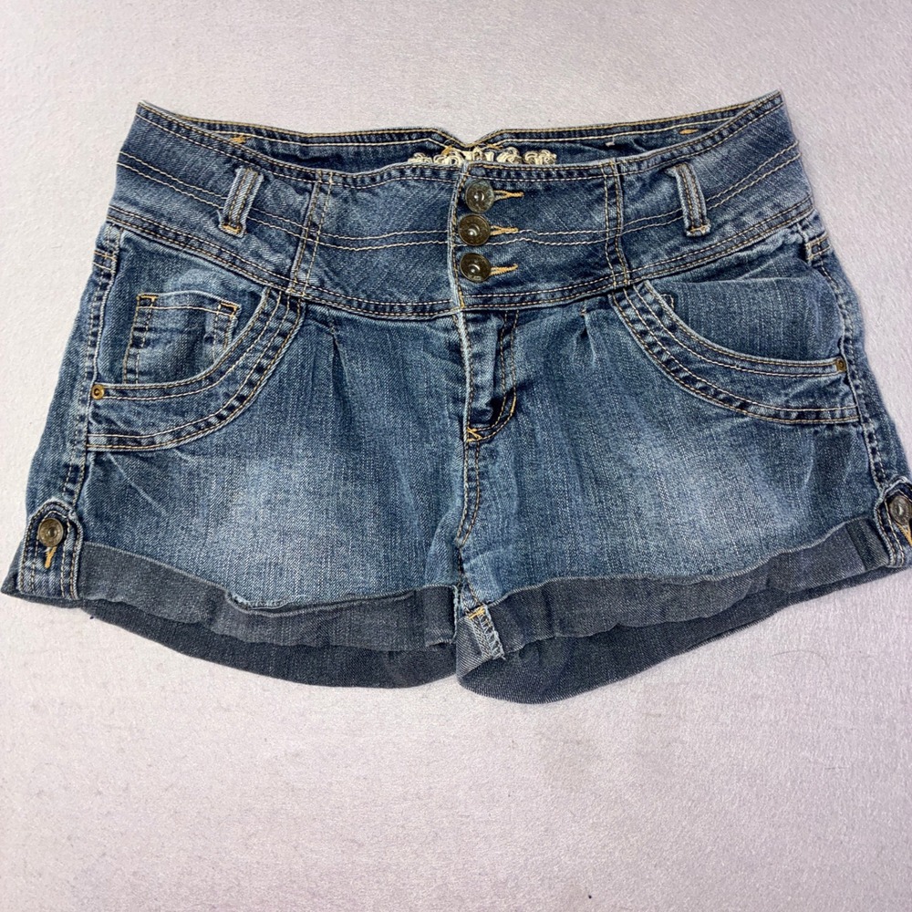 Truce Denim Shorts 11 Blue High Waist Triple Button Pleated Cuffed Y2K